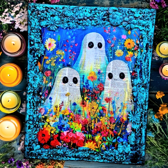 Handmade Other - Ghosts In Wildflower Field Large 16x20 Canvas Mixed Media Art Creepy Cute Decor